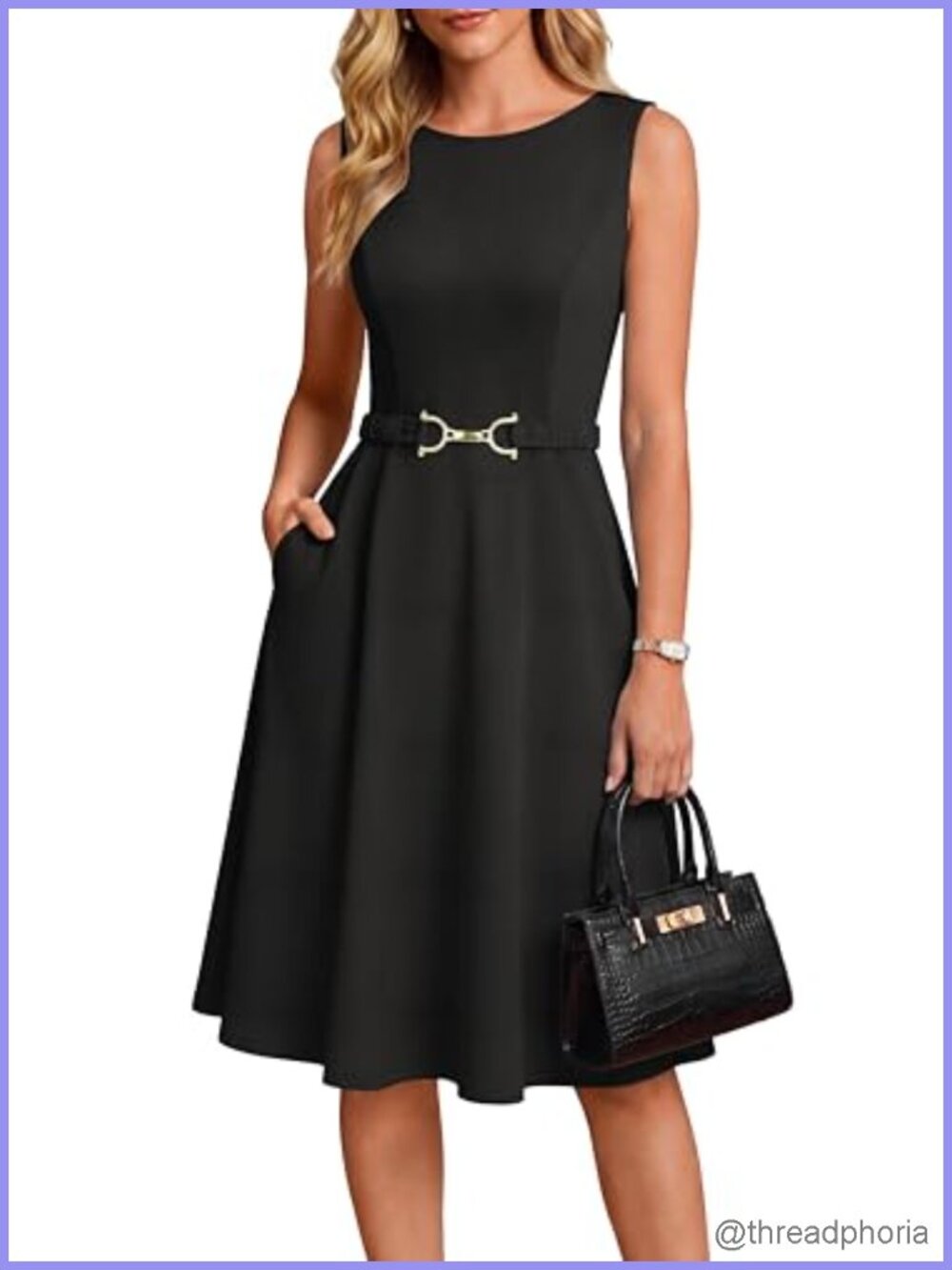 Sleeveless Midi Flowy Work Dress with Pockets & Belt